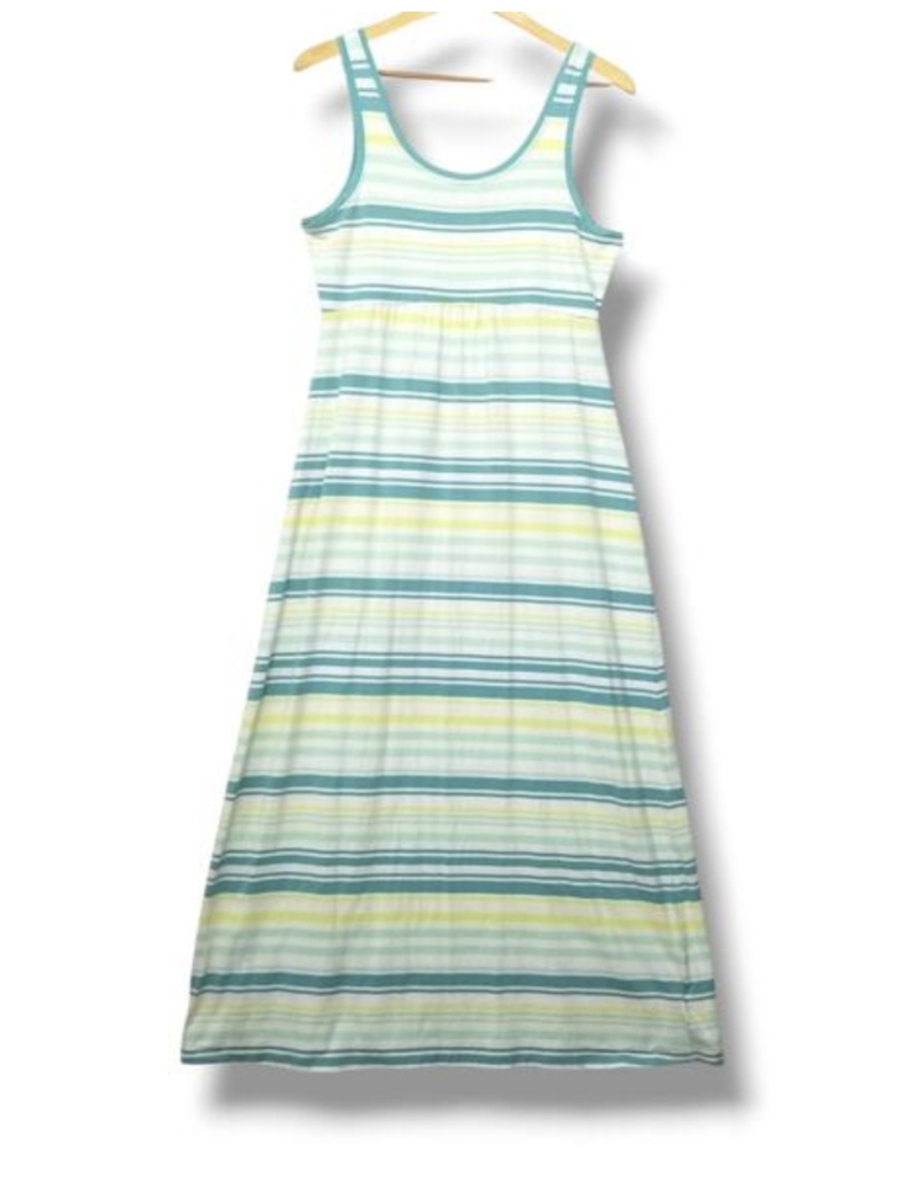 Columbia PFG Striped Maxi Tank Dress Womens‎ Large Aqua White Yellow Jersey Knit